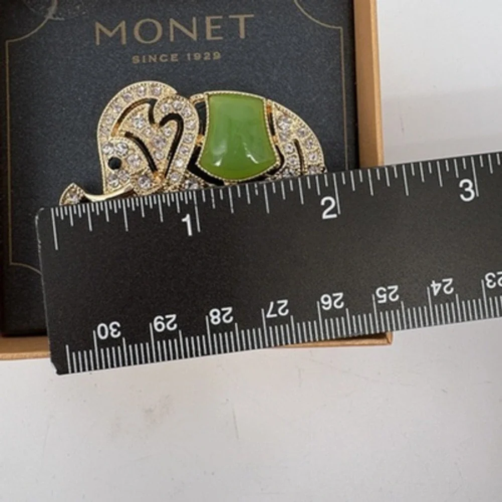 Vintage Monet Elephant Brooch Jade Green and Rhinestone Gold Tone Pin Good Luck